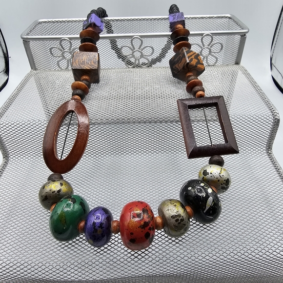Trendy Wood Beads Geometric Chunky Necklace Multi Colors (approx 28") - Picture 2 of 5